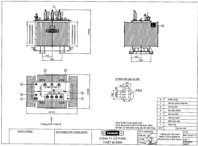 Thông Số Kỹ Thuật Máy Biến Áp THIBIDI 3Pha 2000kVA - TCKT: 2608