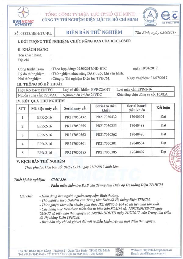 Biên Bản Thử Nghiệm Recloser Entec 27kV 630A Quatest 3