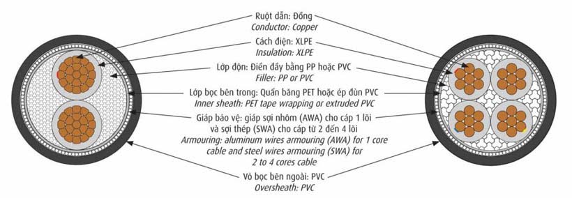 Cấu Trúc Cáp CADIVI CXV/AWA & CXV/SWA 0,6/1kV - Cáp Điện Hạ Thế