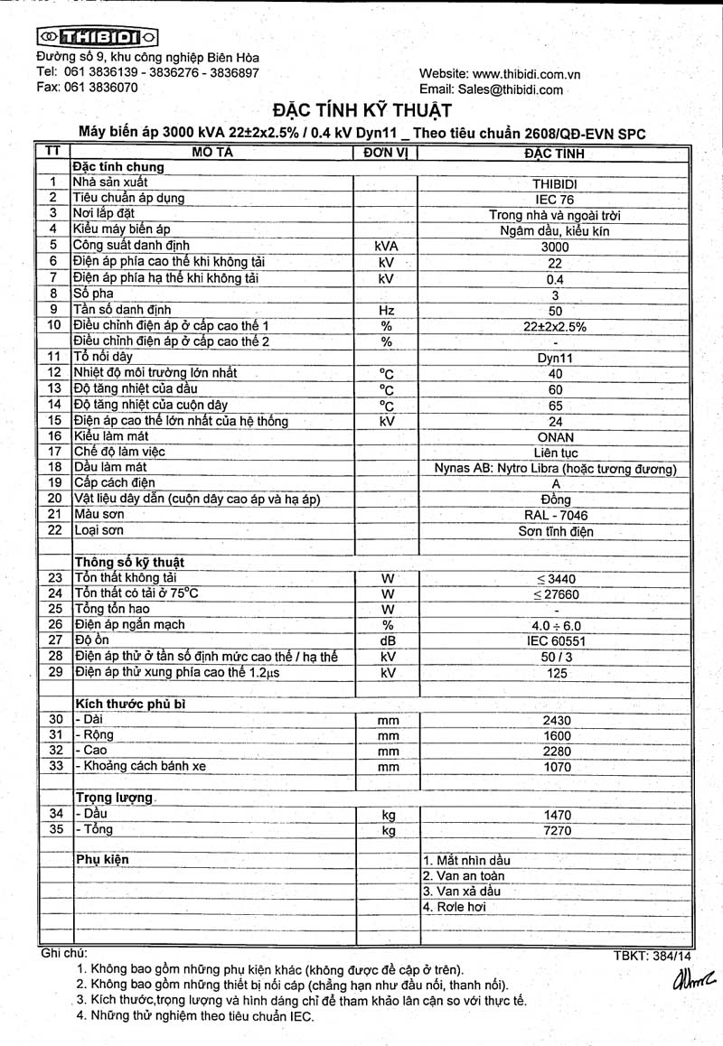 Thông Số Kỹ Thuật Máy Biến Áp THIBIDI 3Pha 3000kVA - TCKT: 2608