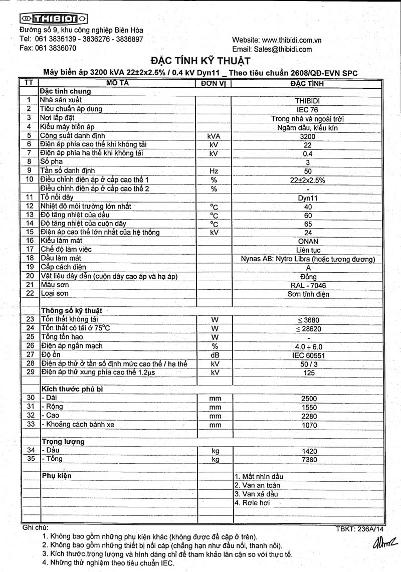 Thông Số Kỹ Thuật Máy Biến Áp THIBIDI 3Pha 3200kVA - TCKT: 2608