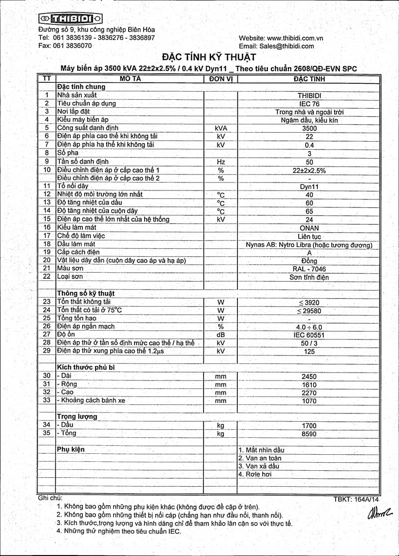 Thông Số Kỹ Thuật Máy Biến Áp THIBIDI 3Pha 3500kVA - TCKT: 2608