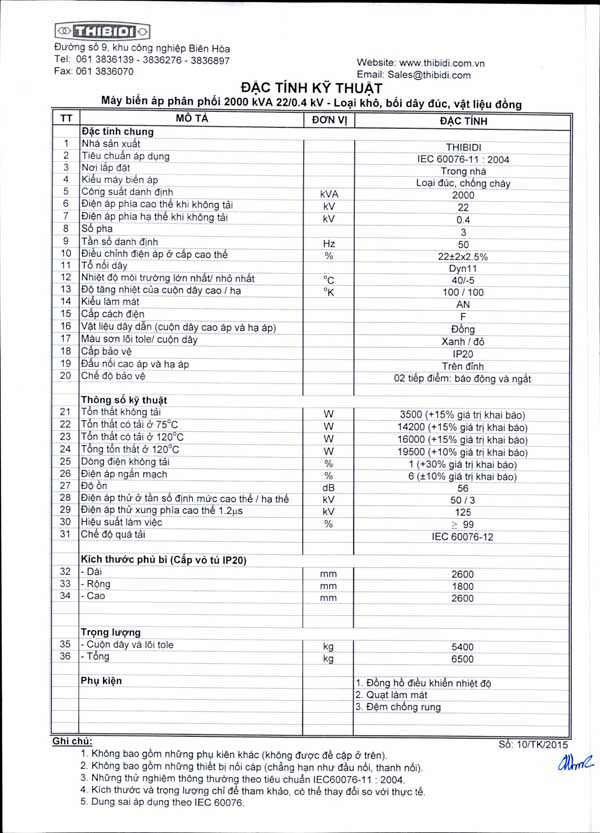 Máy Biến Áp Khô 2000kVA Loại Đúc Lõi Đồng (Thông Số Kỹ Thuật)