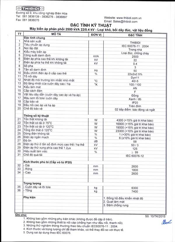 Máy Biến Áp Khô 2500kVA Loại Đúc Lõi Đồng (Thông Số Kỹ Thuật)