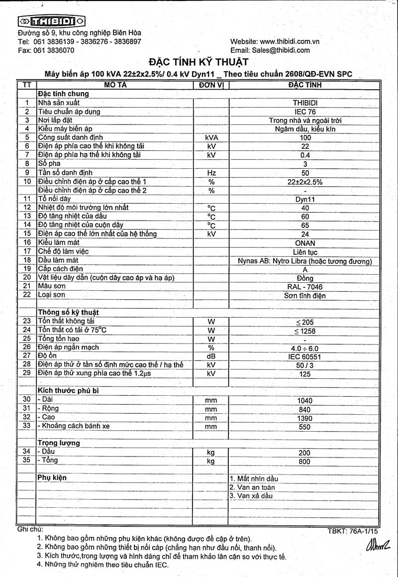 Thông Số Kỹ Thuật Máy Biến Áp THIBIDI 3Pha 100kVA - TCKT: 2608