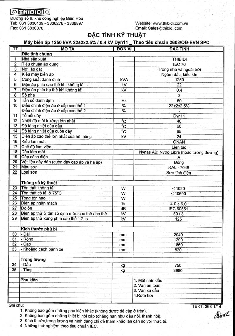 Thông Số Kỹ Thuật Máy Biến Áp THIBIDI 3Pha 1250kVA - TCKT: 2608