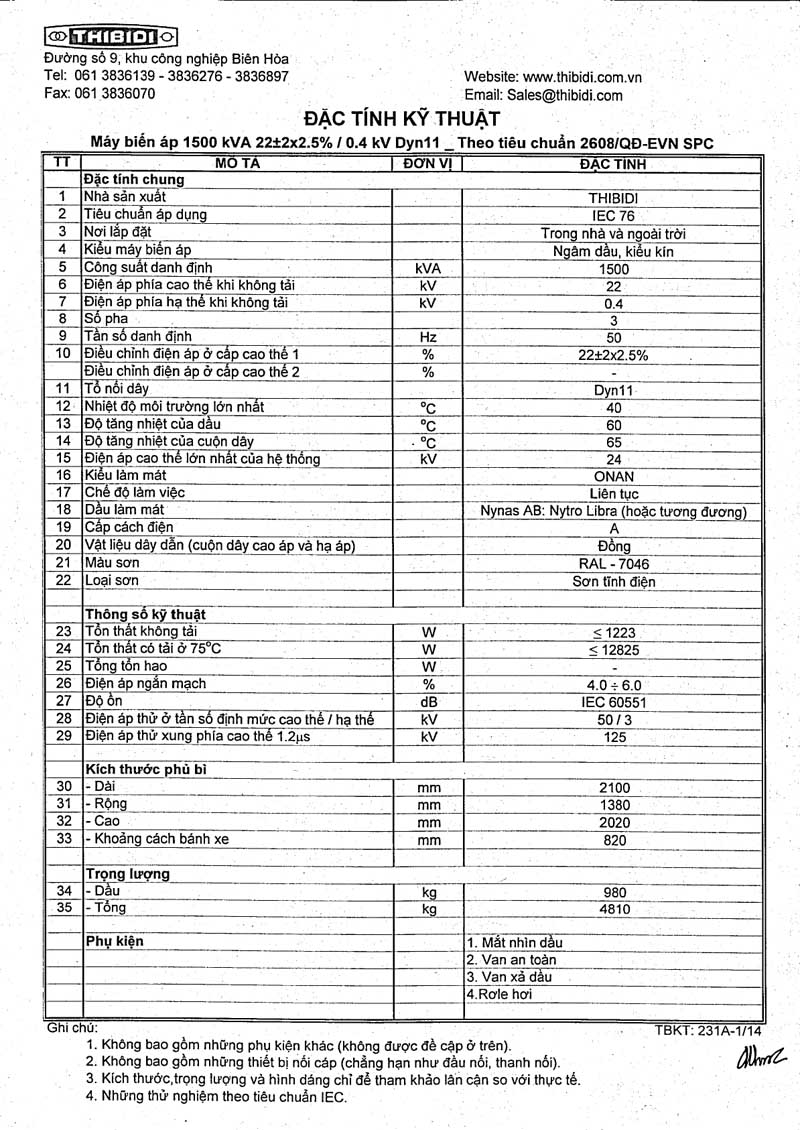 Thông Số Kỹ Thuật Máy Biến Áp THIBIDI 3Pha 1500kVA - TCKT: 2608