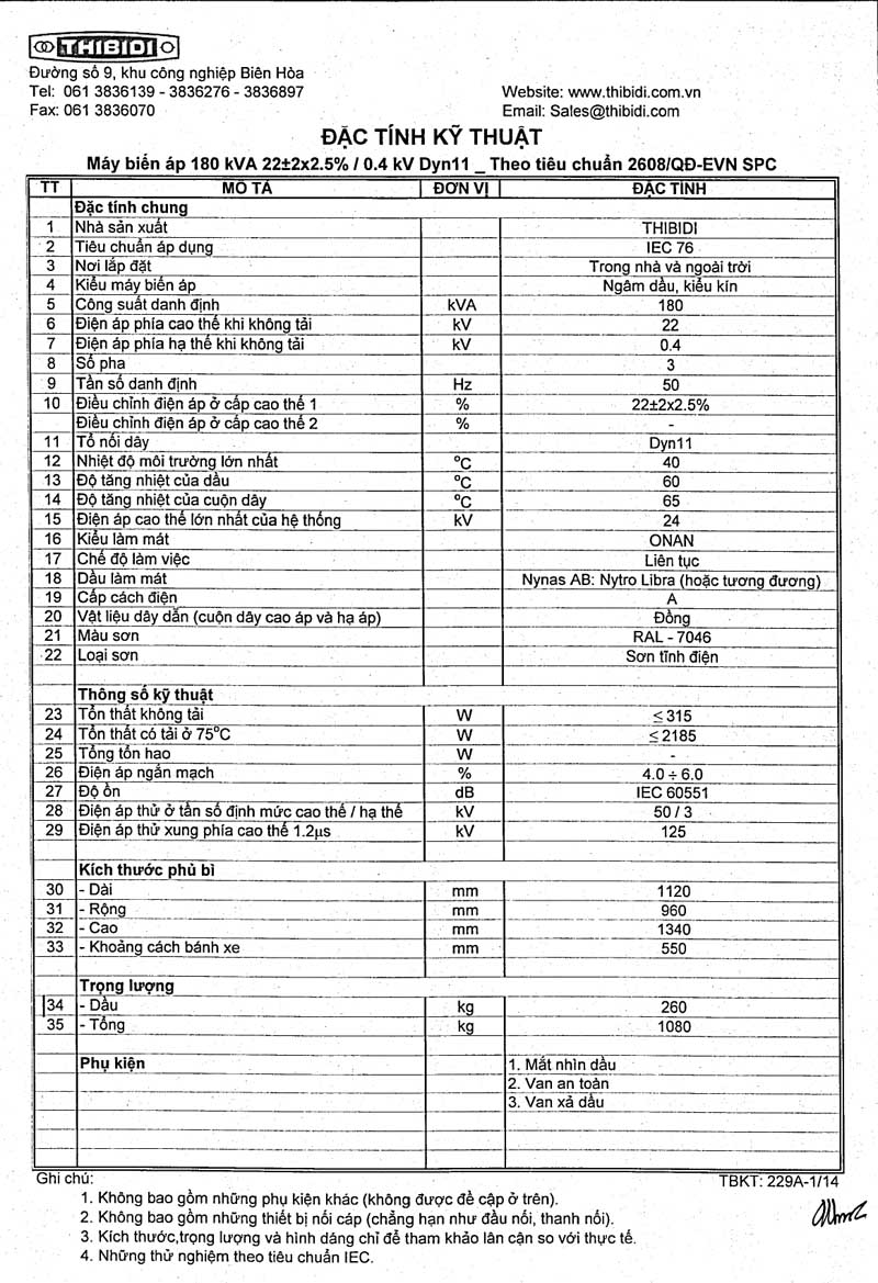 Thông Số Kỹ Thuật Máy Biến Áp THIBIDI 3Pha 180kVA - TCKT: 2608