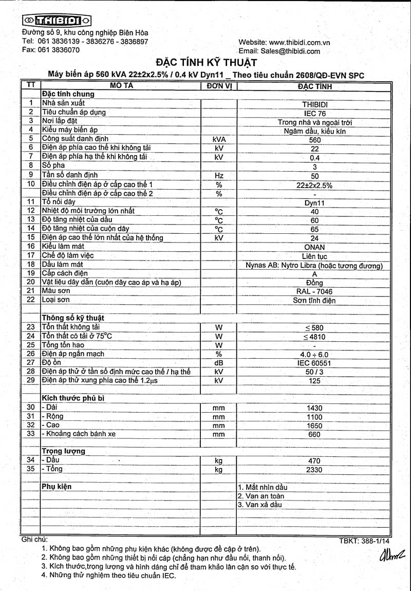 Thông Số Kỹ Thuật Máy Biến Áp THIBIDI 3Pha 560kVA - TCKT: 2608