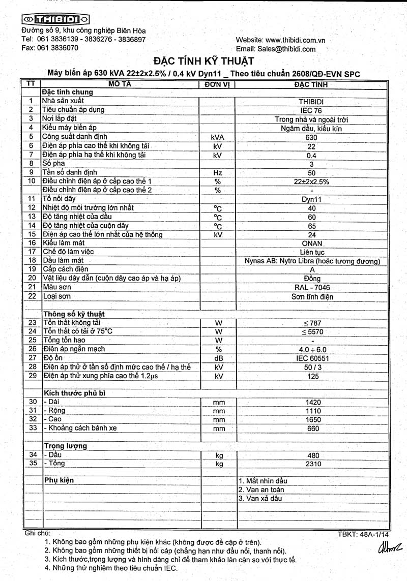 Thông Số Kỹ Thuật Máy Biến Áp THIBIDI 3Pha 630kVA - TCKT: 2608
