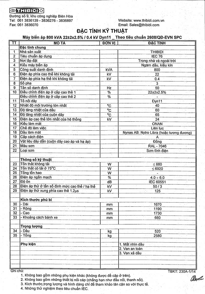 Thông Số Kỹ Thuật Máy Biến Áp THIBIDI 3Pha 800kVA - TCKT: 2608